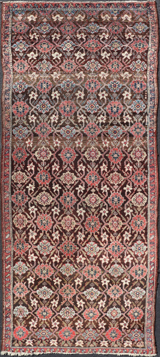 Antique Hamadan Gallery Rug in Wool with Sub - Geometric Design On Brown Field. Keivan Woven Arts; rug V21 - 1104, country of origin / type: Iran / Hamadan, circa 1910. Measures: 5'4 x 13'0 This antique Persian Hamadan rug has been hand - knotted in w... - Keivan Woven ArtsV21 - 1104 - 18419Rug