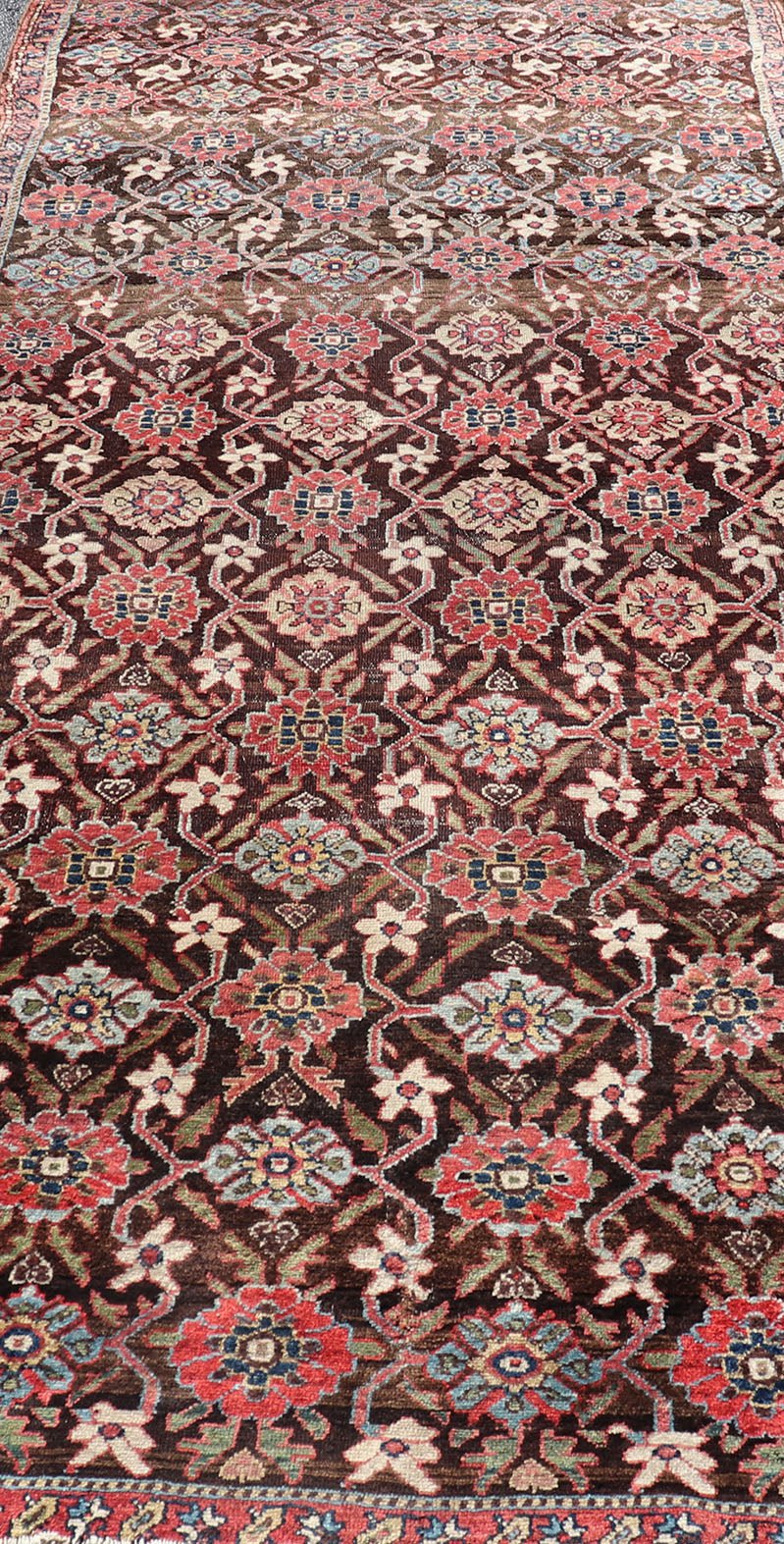 Antique Hamadan Gallery Rug in Wool with Sub - Geometric Design On Brown Field. Keivan Woven Arts; rug V21 - 1104, country of origin / type: Iran / Hamadan, circa 1910. Measures: 5'4 x 13'0 This antique Persian Hamadan rug has been hand - knotted in w... - Keivan Woven ArtsV21 - 1104 - 18419