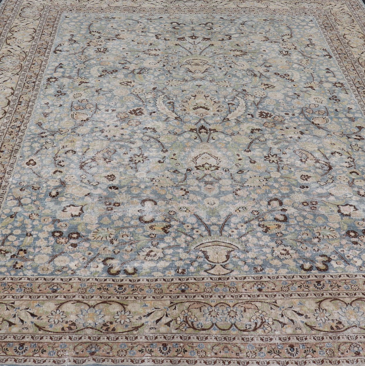 Antique Persian Khorassan Rug with All - Over Floral Design in Soft Blue Tones This spectacular antique Persian Khorasan carpet from early 20th century Iran bears a magnificent splendor indicative of royal tastes, which sought perfection in balanc... - Keivan Woven ArtsV21 - 1105 - 18347Rug