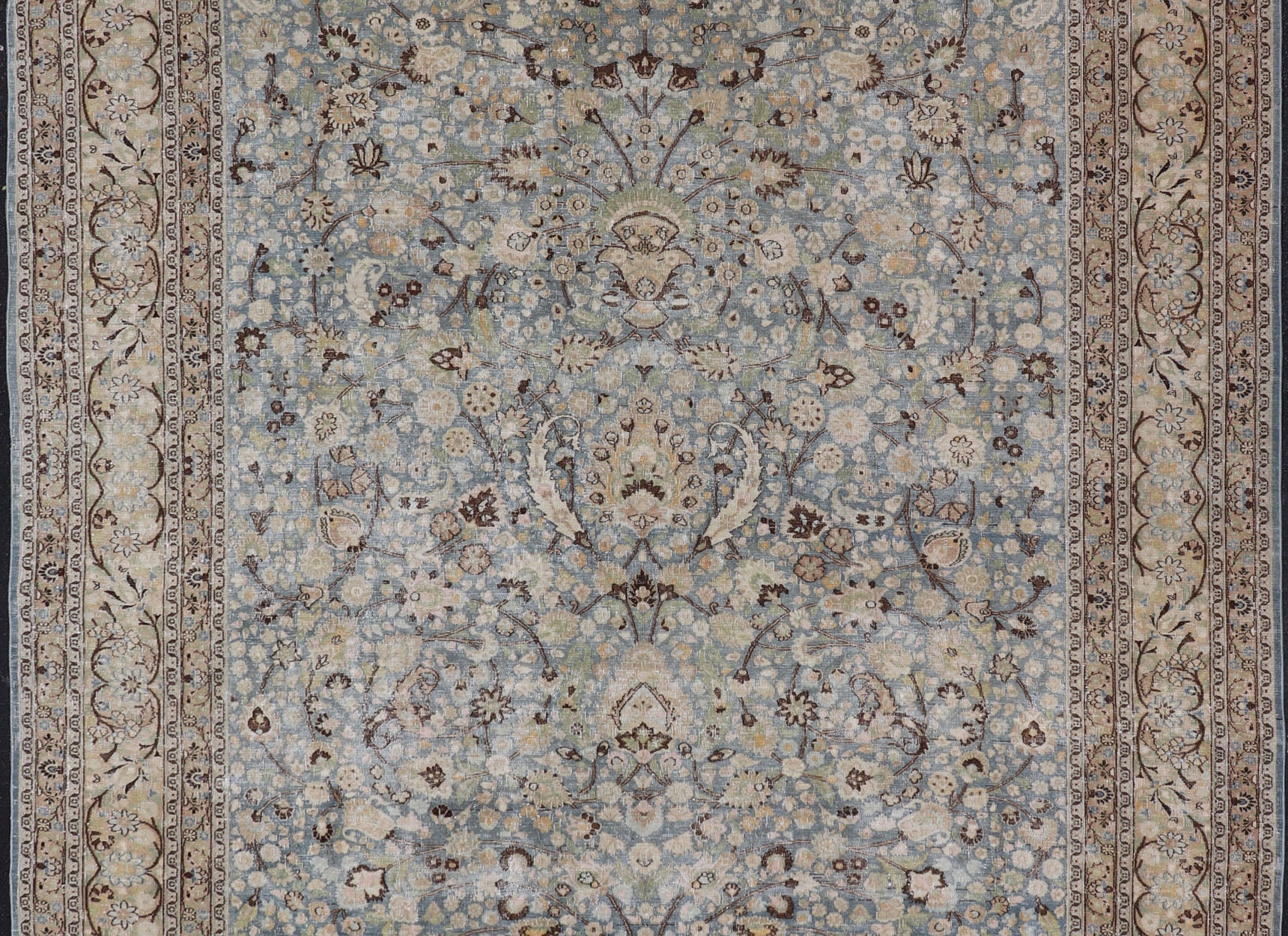 Antique Persian Khorassan Rug with All - Over Floral Design in Soft Blue Tones This spectacular antique Persian Khorasan carpet from early 20th century Iran bears a magnificent splendor indicative of royal tastes, which sought perfection in balanc... - Keivan Woven ArtsV21 - 1105 - 18347