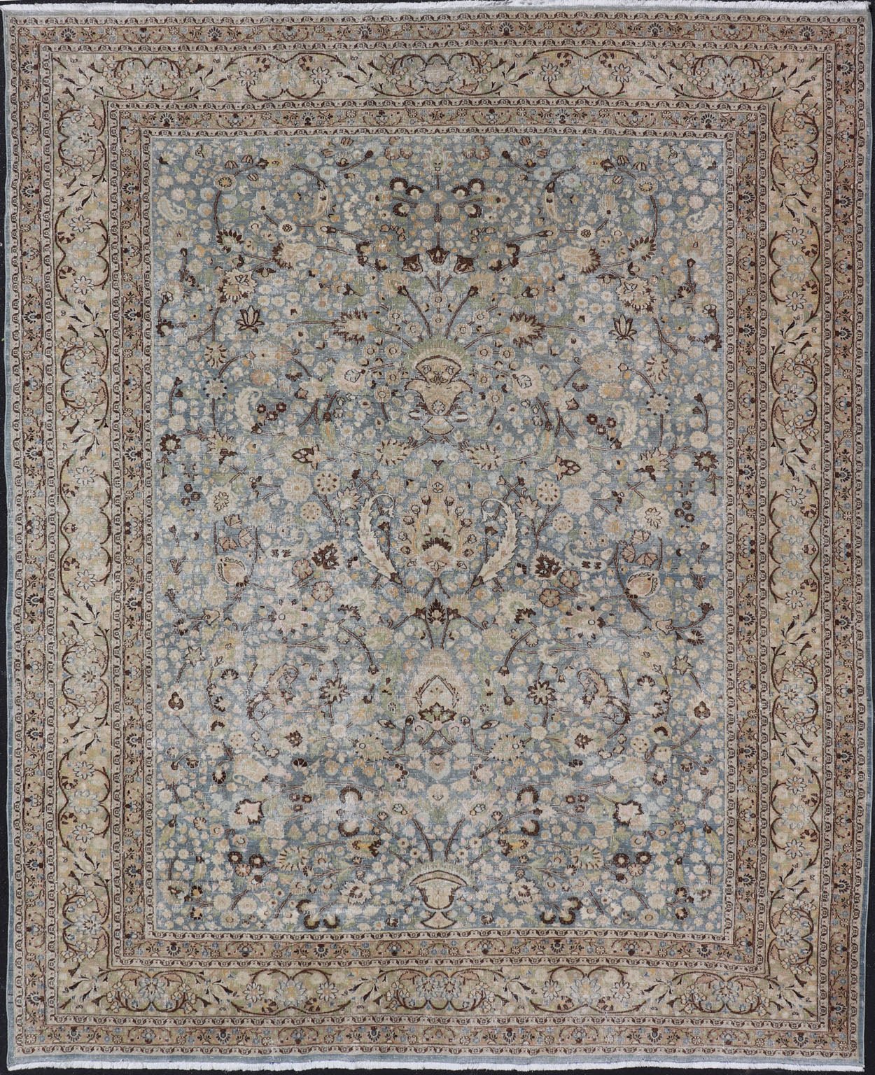Antique Persian Khorassan Rug with All - Over Floral Design in Soft Blue Tones This spectacular antique Persian Khorasan carpet from early 20th century Iran bears a magnificent splendor indicative of royal tastes, which sought perfection in balanc... - Keivan Woven ArtsV21 - 1105 - 18347Rug
