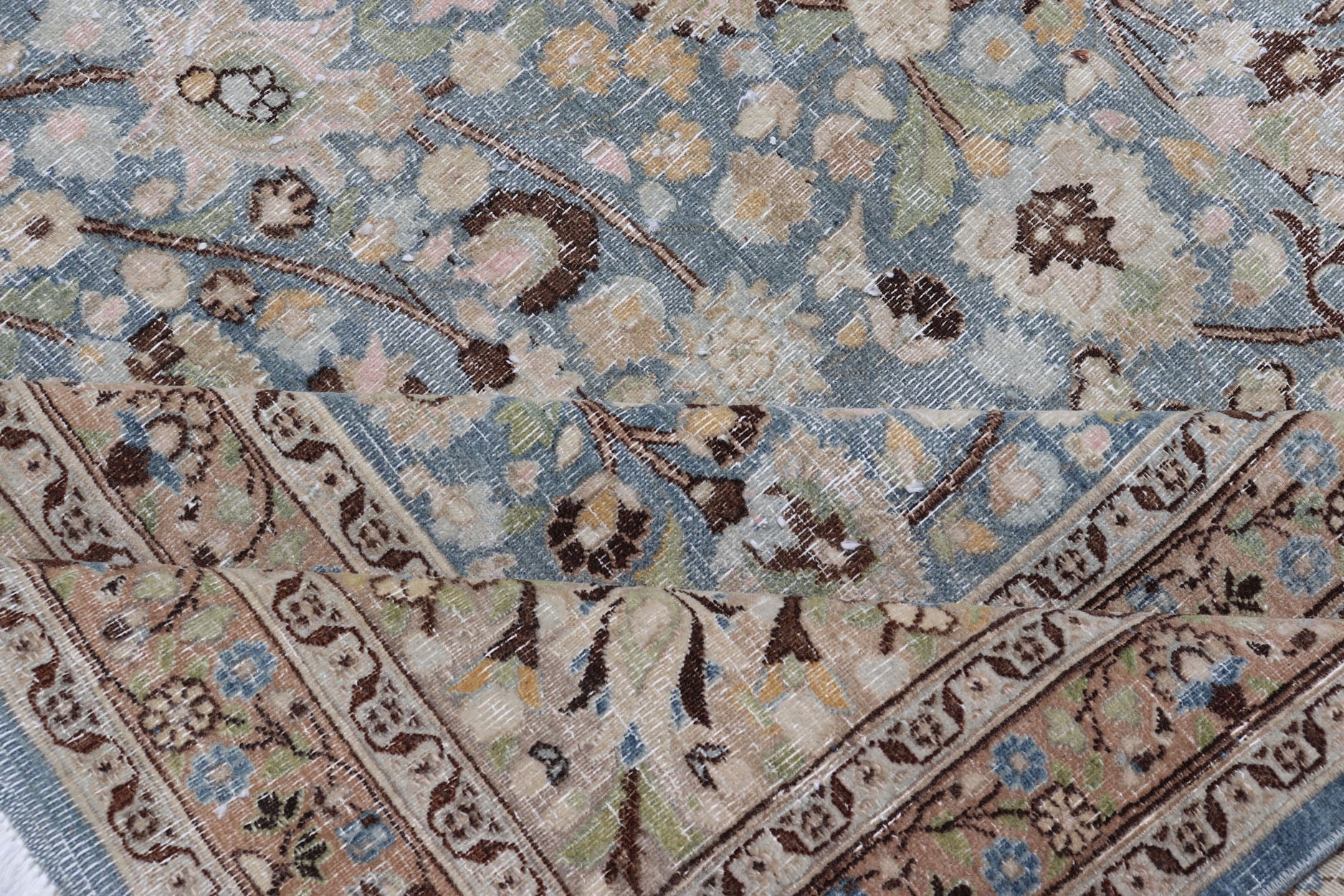 Antique Persian Khorassan Rug with All - Over Floral Design in Soft Blue Tones This spectacular antique Persian Khorasan carpet from early 20th century Iran bears a magnificent splendor indicative of royal tastes, which sought perfection in balanc... - Keivan Woven ArtsV21 - 1105 - 18347