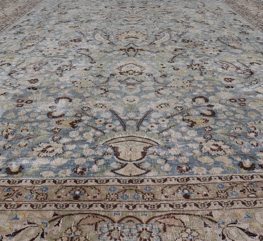 Antique Persian Khorassan Rug with All - Over Floral Design in Soft Blue Tones This spectacular antique Persian Khorasan carpet from early 20th century Iran bears a magnificent splendor indicative of royal tastes, which sought perfection in balanc... - Keivan Woven ArtsV21 - 1105 - 18347