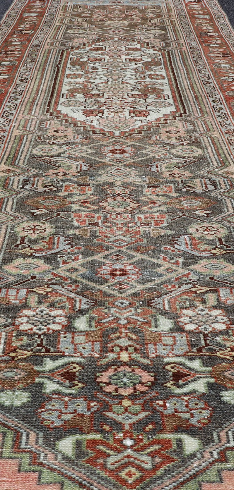 Antique Persian Hamedan Runner in Green, Coral, Pink & Multi Colors Antique Persian Hamadan runner with all - over geometric motifs with medallion. Keivan Woven Arts / rug V21 - 1202, country of origin / type: Iran / Hamadan, circa 1910 Measu... - Keivan Woven ArtsV21 - 1202 - 18401Rug