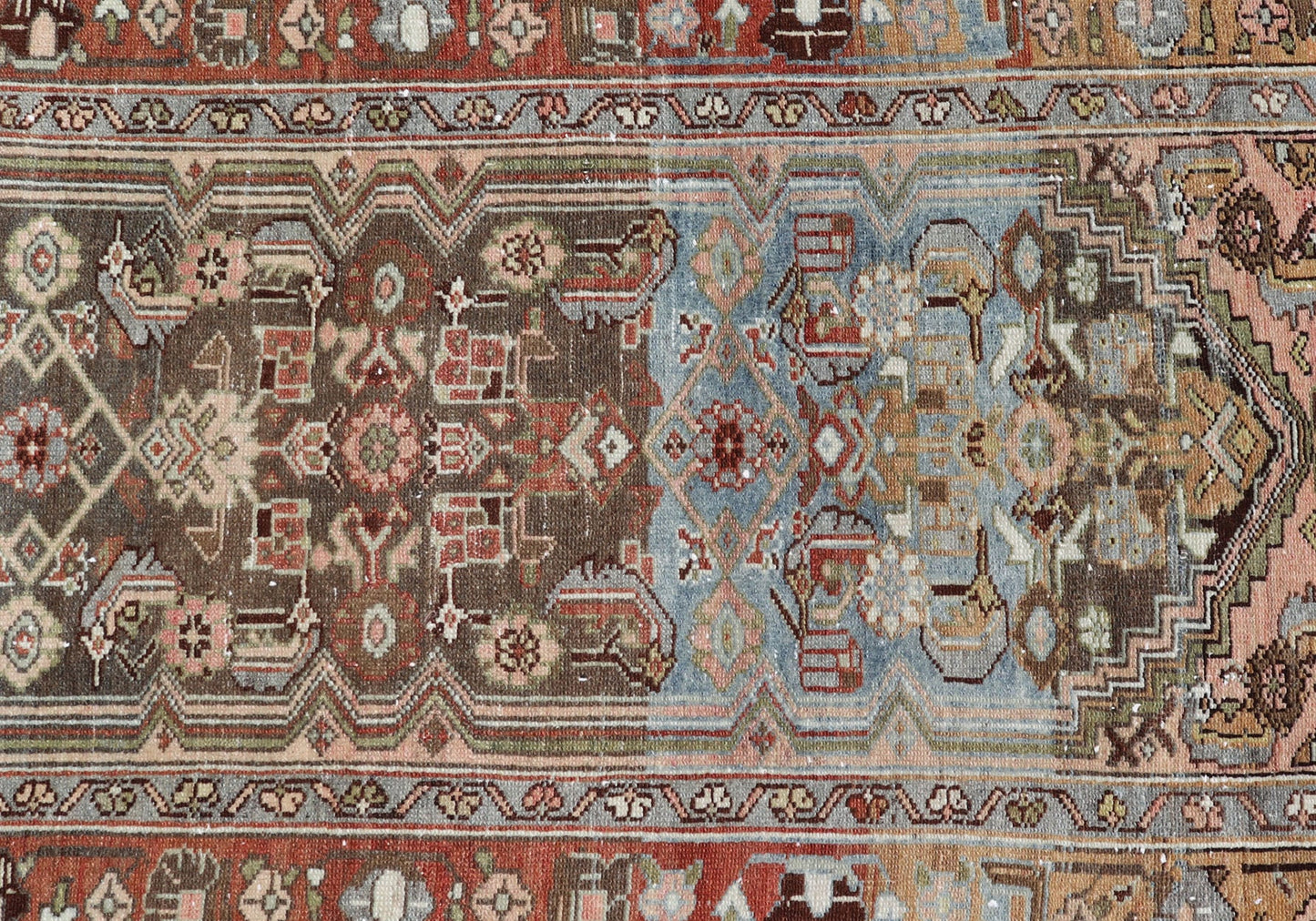 Antique Persian Hamedan Runner in Green, Coral, Pink & Multi Colors Antique Persian Hamadan runner with all - over geometric motifs with medallion. Keivan Woven Arts / rug V21 - 1202, country of origin / type: Iran / Hamadan, circa 1910 Measu... - Keivan Woven ArtsV21 - 1202 - 18401Rug