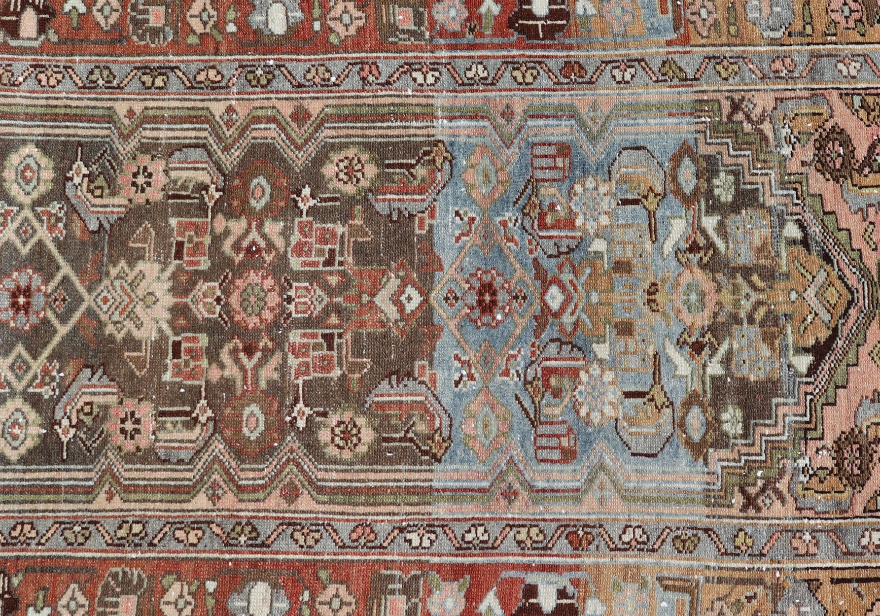 Antique Persian Hamedan Runner in Green, Coral, Pink & Multi Colors Antique Persian Hamadan runner with all - over geometric motifs with medallion. Keivan Woven Arts / rug V21 - 1202, country of origin / type: Iran / Hamadan, circa 1910 Measu... - Keivan Woven ArtsV21 - 1202 - 18401Rug