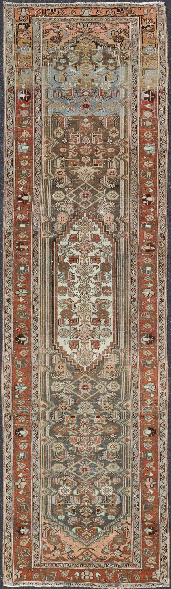 Antique Persian Hamedan Runner in Green, Coral, Pink & Multi Colors Antique Persian Hamadan runner with all - over geometric motifs with medallion. Keivan Woven Arts / rug V21 - 1202, country of origin / type: Iran / Hamadan, circa 1910 Measu... - Keivan Woven ArtsV21 - 1202 - 18401Rug