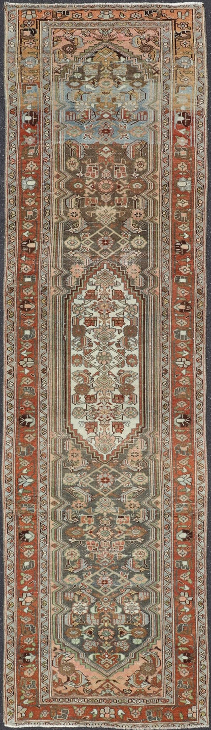 Antique Persian Hamedan Runner in Green, Coral, Pink & Multi Colors Antique Persian Hamadan runner with all - over geometric motifs with medallion. Keivan Woven Arts / rug V21 - 1202, country of origin / type: Iran / Hamadan, circa 1910 Measu... - Keivan Woven ArtsV21 - 1202 - 18401Rug