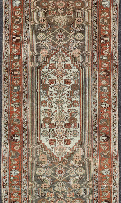 Antique Persian Hamedan Runner in Green, Coral, Pink & Multi Colors Antique Persian Hamadan runner with all - over geometric motifs with medallion. Keivan Woven Arts / rug V21 - 1202, country of origin / type: Iran / Hamadan, circa 1910 Measu... - Keivan Woven ArtsV21 - 1202 - 18401Rug