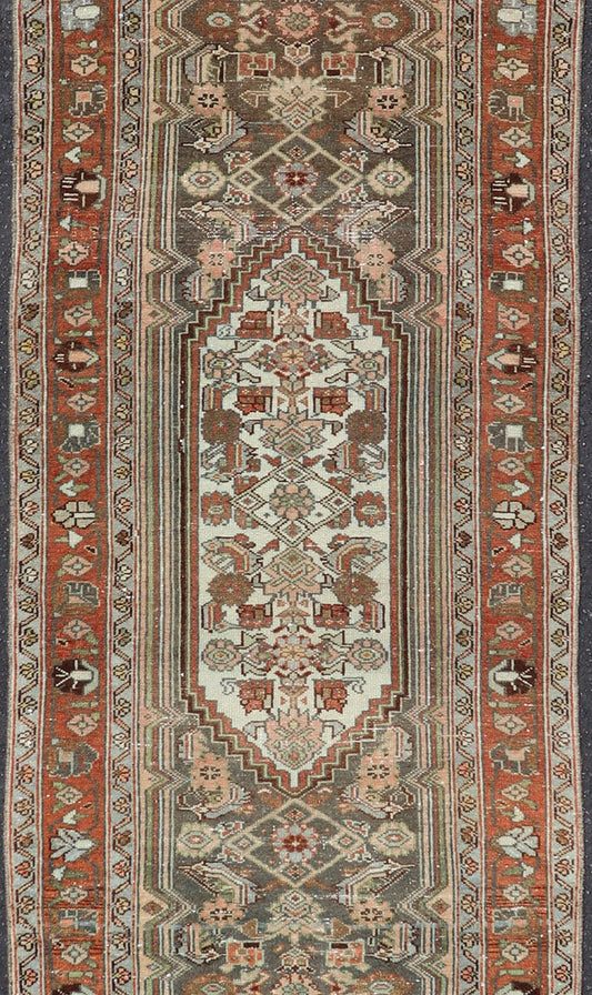 Antique Persian Hamedan Runner in Green, Coral, Pink & Multi Colors Antique Persian Hamadan runner with all - over geometric motifs with medallion. Keivan Woven Arts / rug V21 - 1202, country of origin / type: Iran / Hamadan, circa 1910 Measu... - Keivan Woven ArtsV21 - 1202 - 18401
