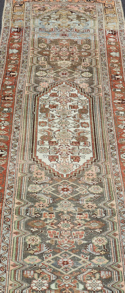 Antique Persian Hamedan Runner in Green, Coral, Pink & Multi Colors Antique Persian Hamadan runner with all - over geometric motifs with medallion. Keivan Woven Arts / rug V21 - 1202, country of origin / type: Iran / Hamadan, circa 1910 Measu... - Keivan Woven ArtsV21 - 1202 - 18401Rug