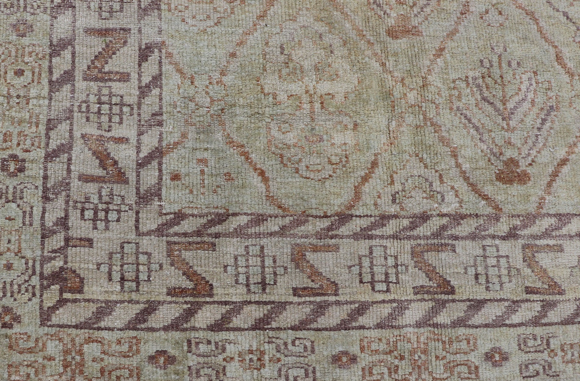 Large Indian Vintage Amritsar in Jade and Bronze This unique piece features many designs, starting from leaflet motifs, encased in the geometric diamonds, to the seemingly endless tiers of borders and bands, each displaying their o... - Keivan Woven ArtsV21 - 1204 - 18407Rug