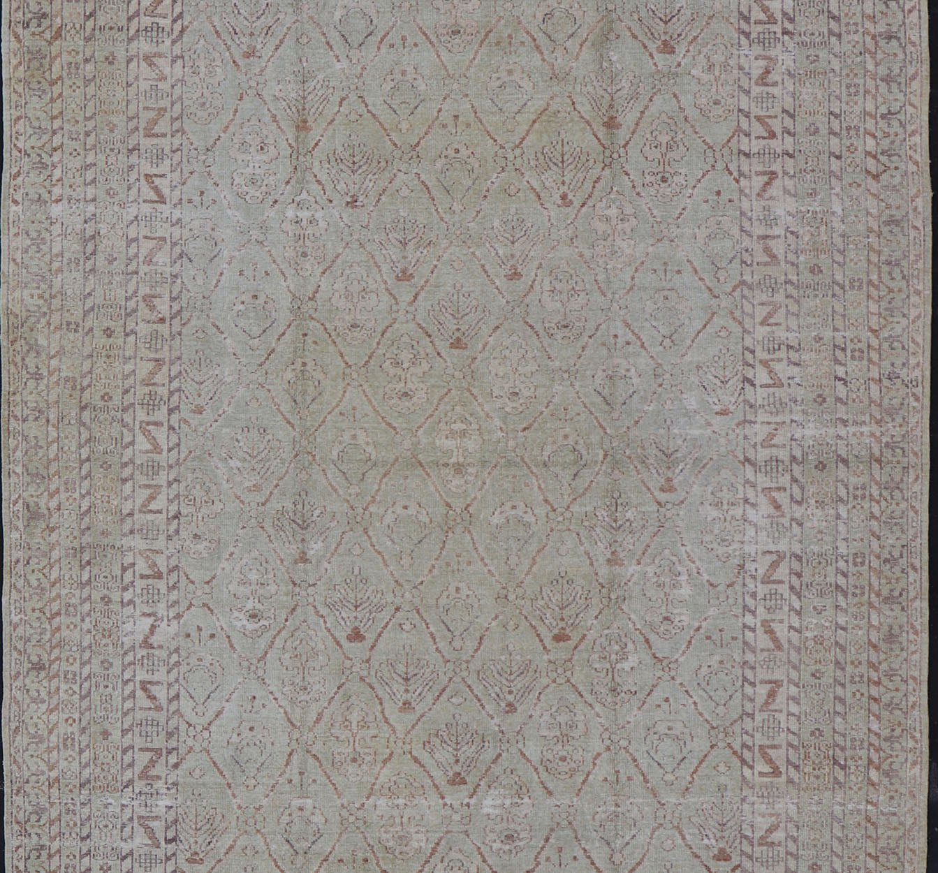 Large Indian Vintage Amritsar in Jade and Bronze This unique piece features many designs, starting from leaflet motifs, encased in the geometric diamonds, to the seemingly endless tiers of borders and bands, each displaying their o... - Keivan Woven ArtsV21 - 1204 - 18407Rug