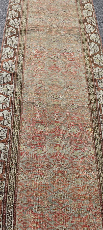 Antique Bidjar Persian Runner with Herati Design in Lt. Blue, Lt. Gray & Red. Keivan Woven Arts / rug V21 - 1209 - 15490, country of origin / type: Persian / Bidjar, circa Early - 20th Century. Measures: 2'10 x 13'9 This stunning antique Bidjar rug (c... - Keivan Woven ArtsV21 - 1209 - 15490 - 18473