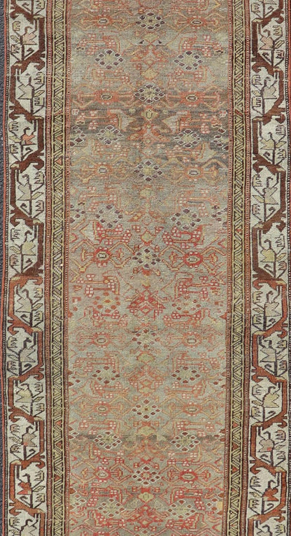 Antique Bidjar Persian Runner with Herati Design in Lt. Blue, Lt. Gray & Red. Keivan Woven Arts / rug V21 - 1209 - 15490, country of origin / type: Persian / Bidjar, circa Early - 20th Century. Measures: 2'10 x 13'9 This stunning antique Bidjar rug (c... - Keivan Woven ArtsV21 - 1209 - 15490 - 18473Rug