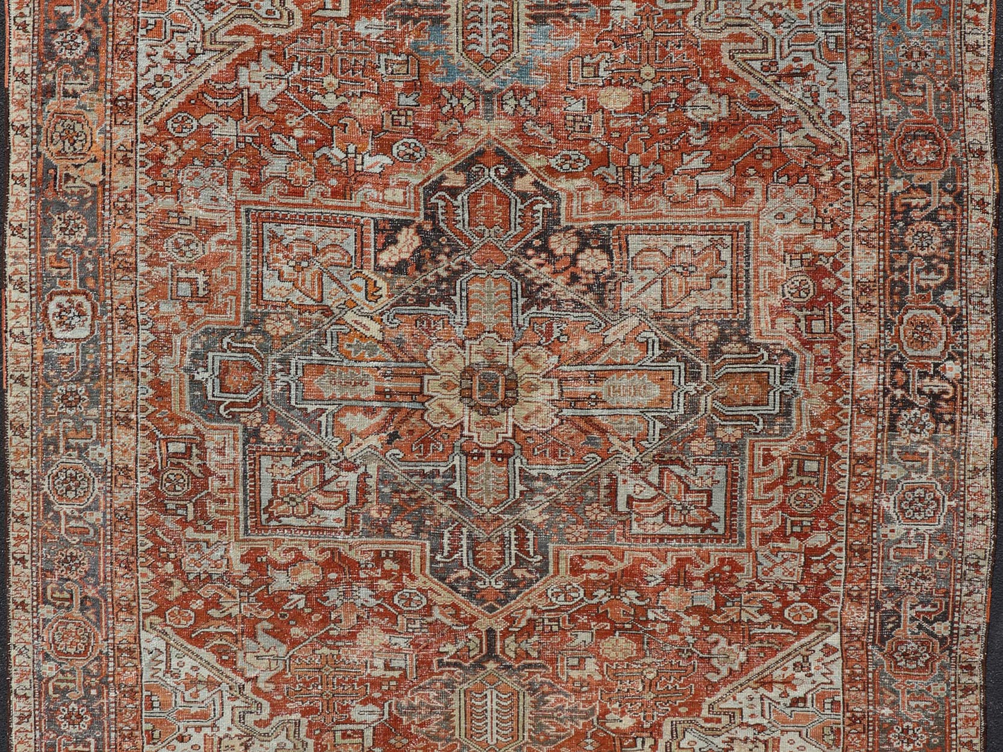 Antique Persian Heriz Rug With Geometric Medallion Design in Red & Soft Colors. Antique Persian Heriz Rug with Geometric Medallion Design. Keivan Woven Arts/ Rug/ V21 - 1210 - 15475, Country/type/ Persian Rug, Heriz. Measures: 9'3 x 11'6 Made in th... - Keivan Woven ArtsV21 - 1210 - 15475 - 18479Rug