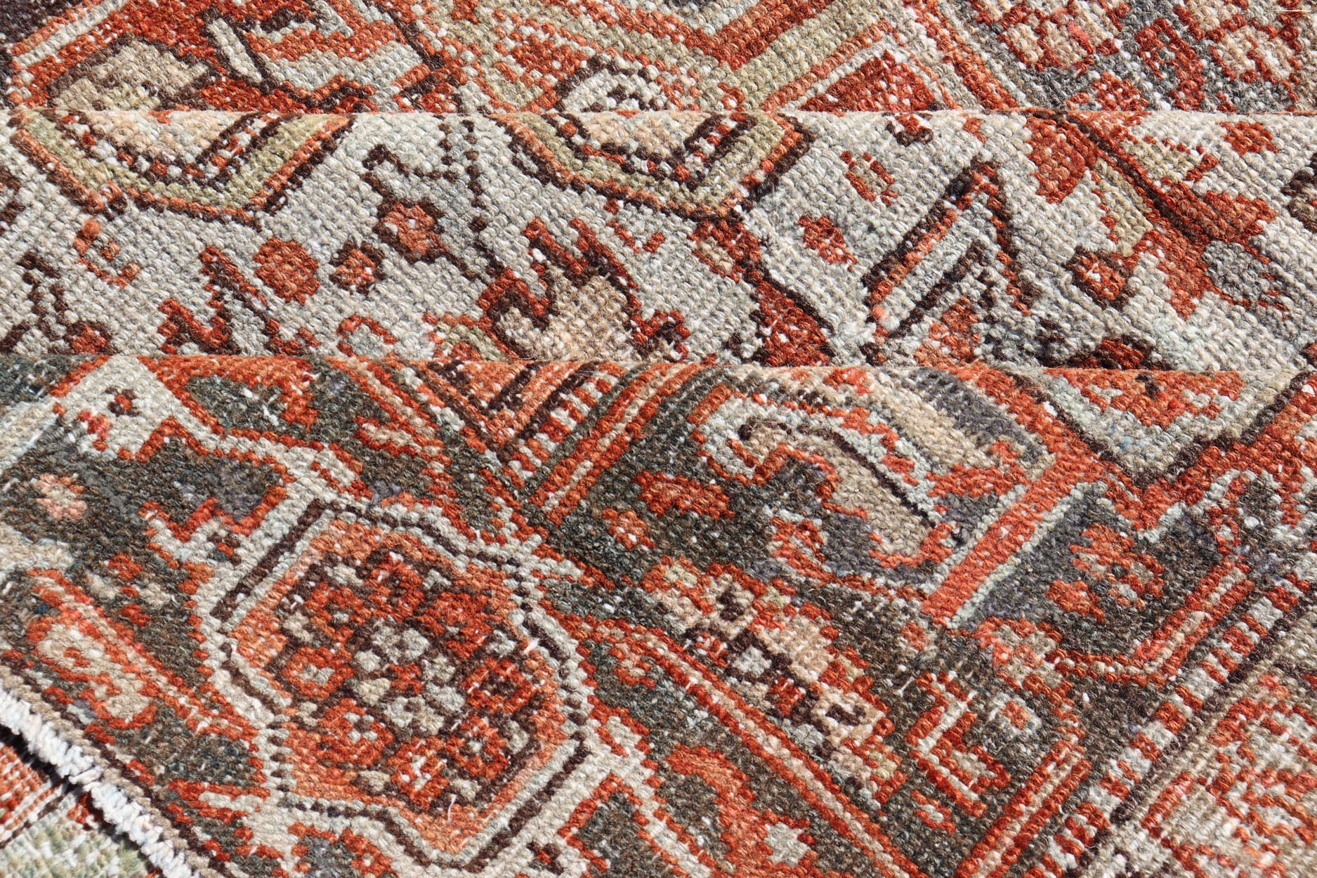 Antique Persian Heriz Rug With Geometric Medallion Design in Red & Soft Colors. Antique Persian Heriz Rug with Geometric Medallion Design. Keivan Woven Arts/ Rug/ V21 - 1210 - 15475, Country/type/ Persian Rug, Heriz. Measures: 9'3 x 11'6 Made in th... - Keivan Woven ArtsV21 - 1210 - 15475 - 18479Rug