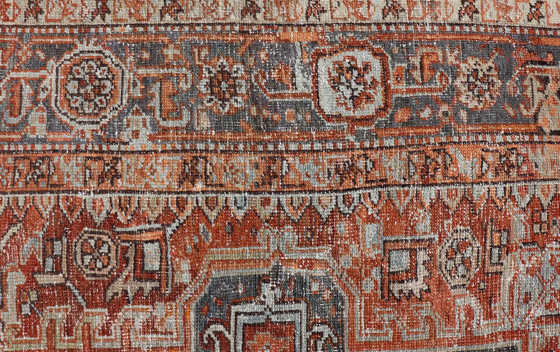 Antique Persian Heriz Rug With Geometric Medallion Design in Red & Soft Colors. Antique Persian Heriz Rug with Geometric Medallion Design. Keivan Woven Arts/ Rug/ V21 - 1210 - 15475, Country/type/ Persian Rug, Heriz. Measures: 9'3 x 11'6 Made in th... - Keivan Woven ArtsV21 - 1210 - 15475 - 18479Rug