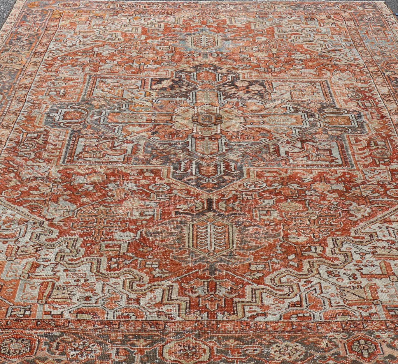 Antique Persian Heriz Rug With Geometric Medallion Design in Red & Soft Colors. Antique Persian Heriz Rug with Geometric Medallion Design. Keivan Woven Arts/ Rug/ V21 - 1210 - 15475, Country/type/ Persian Rug, Heriz. Measures: 9'3 x 11'6 Made in th... - Keivan Woven ArtsV21 - 1210 - 15475 - 18479Rug