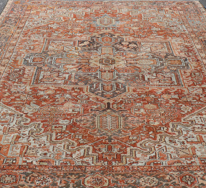 Antique Persian Heriz Rug With Geometric Medallion Design in Red & Soft Colors. Antique Persian Heriz Rug with Geometric Medallion Design. Keivan Woven Arts/ Rug/ V21 - 1210 - 15475, Country/type/ Persian Rug, Heriz. Measures: 9'3 x 11'6 Made in th... - Keivan Woven ArtsV21 - 1210 - 15475 - 18479Rug