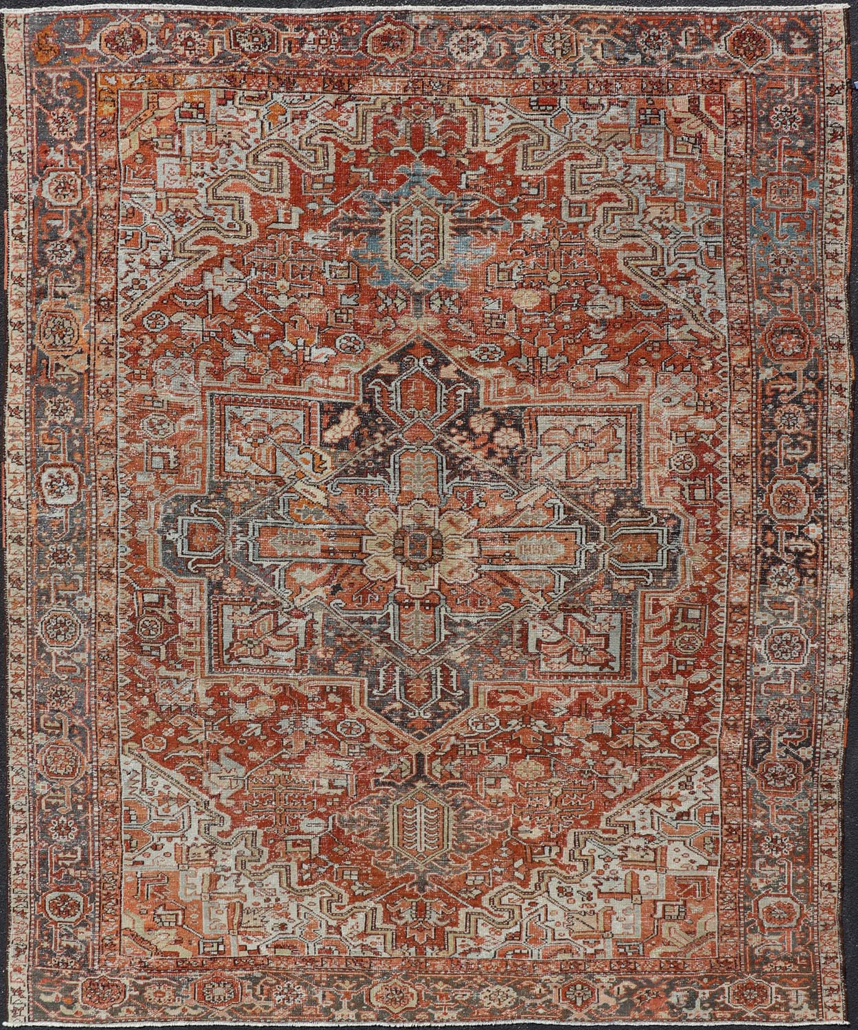Antique Persian Heriz Rug With Geometric Medallion Design in Red & Soft Colors. Antique Persian Heriz Rug with Geometric Medallion Design. Keivan Woven Arts/ Rug/ V21 - 1210 - 15475, Country/type/ Persian Rug, Heriz. Measures: 9'3 x 11'6 Made in th... - Keivan Woven ArtsV21 - 1210 - 15475 - 18479Rug