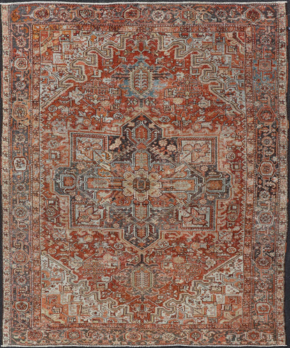 Antique Persian Heriz Rug With Geometric Medallion Design in Red & Soft Colors. Antique Persian Heriz Rug with Geometric Medallion Design. Keivan Woven Arts/ Rug/ V21 - 1210 - 15475, Country/type/ Persian Rug, Heriz. Measures: 9'3 x 11'6 Made in th... - Keivan Woven ArtsV21 - 1210 - 15475 - 18479Rug