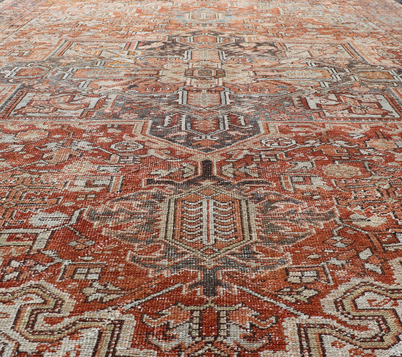 Antique Persian Heriz Rug With Geometric Medallion Design in Red & Soft Colors. Antique Persian Heriz Rug with Geometric Medallion Design. Keivan Woven Arts/ Rug/ V21 - 1210 - 15475, Country/type/ Persian Rug, Heriz. Measures: 9'3 x 11'6 Made in th... - Keivan Woven ArtsV21 - 1210 - 15475 - 18479Rug
