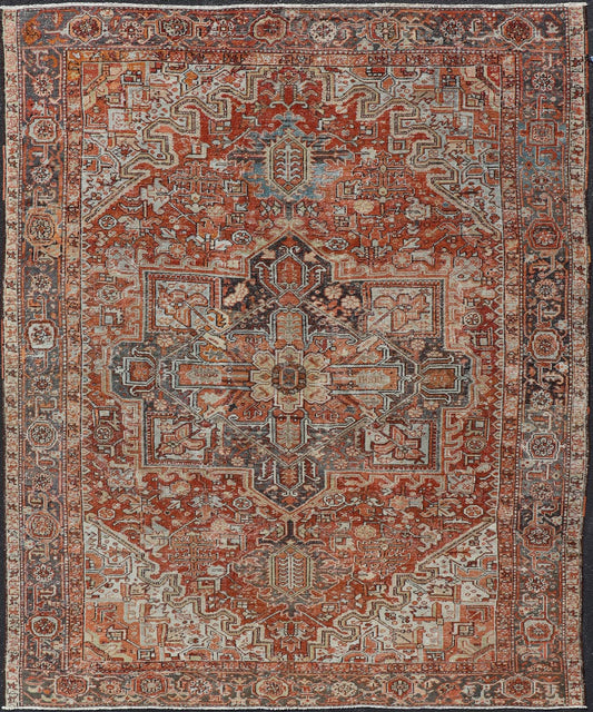 Antique Persian Heriz Rug With Geometric Medallion Design in Red & Soft Colors. Antique Persian Heriz Rug with Geometric Medallion Design. Keivan Woven Arts/ Rug/ V21 - 1210 - 15475, Country/type/ Persian Rug, Heriz. Measures: 9'3 x 11'6 Made in th... - Keivan Woven ArtsV21 - 1210 - 15475 - 18479