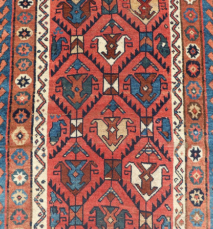 Late 19th Century Kazak Runner featuring All - Over, Geometric Tribal Motifs This late 19th - century treasure is rendered in red, brick, blue, ivory, sandy taupe, and small accents in salmon. The multi - tier border displays tribal - like patterns and sta... - Keivan Woven ArtsV21 - 1213 - 18493Rug