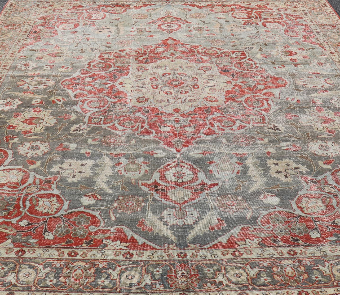Antique Persian Tabriz Rug with Floral Medallion Design in Tan, Red, and Lt Blue. Keivan Woven Arts / rug V21 - 1216 - 15485, country of origin / type: Iran / Tabriz, circa 1910 Floral Medallion Design in Tan, Red, and Blue. Measures: 10'9 x 13'11 ... - Keivan Woven ArtsV21 - 1216 - 15485 - 18511Rug