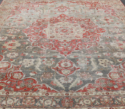 Antique Persian Tabriz Rug with Floral Medallion Design in Tan, Red, and Lt Blue. Keivan Woven Arts / rug V21 - 1216 - 15485, country of origin / type: Iran / Tabriz, circa 1910 Floral Medallion Design in Tan, Red, and Blue. Measures: 10'9 x 13'11 ... - Keivan Woven ArtsV21 - 1216 - 15485 - 18511Rug