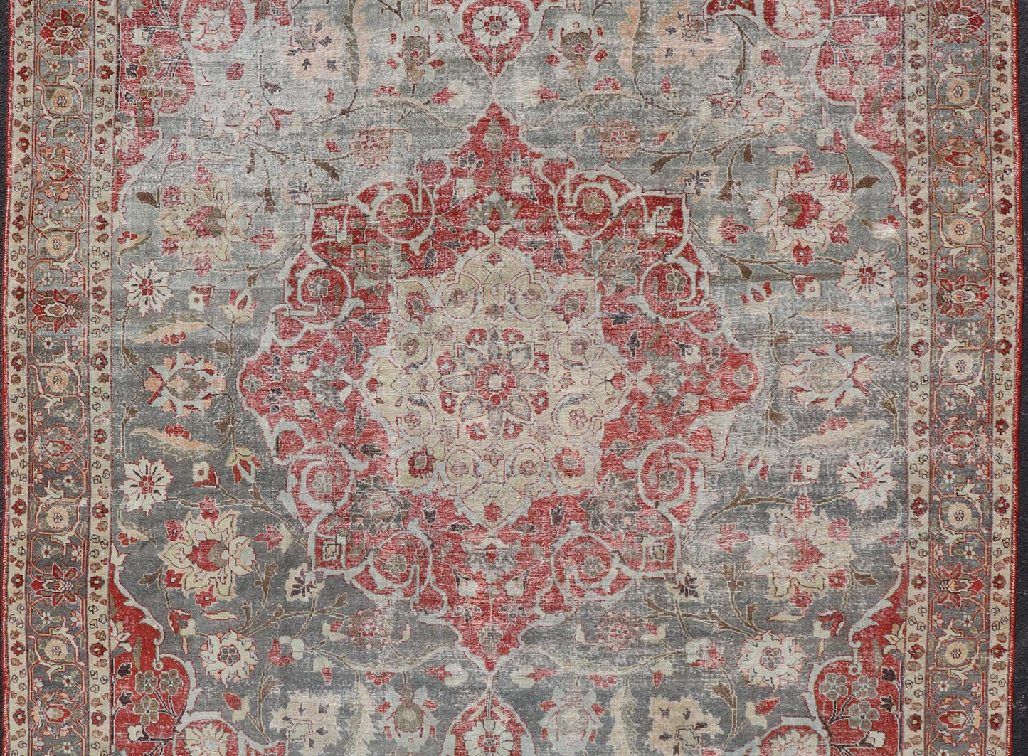 Antique Persian Tabriz Rug with Floral Medallion Design in Tan, Red, and Lt Blue. Keivan Woven Arts / rug V21 - 1216 - 15485, country of origin / type: Iran / Tabriz, circa 1910 Floral Medallion Design in Tan, Red, and Blue. Measures: 10'9 x 13'11 ... - Keivan Woven ArtsV21 - 1216 - 15485 - 18511Rug