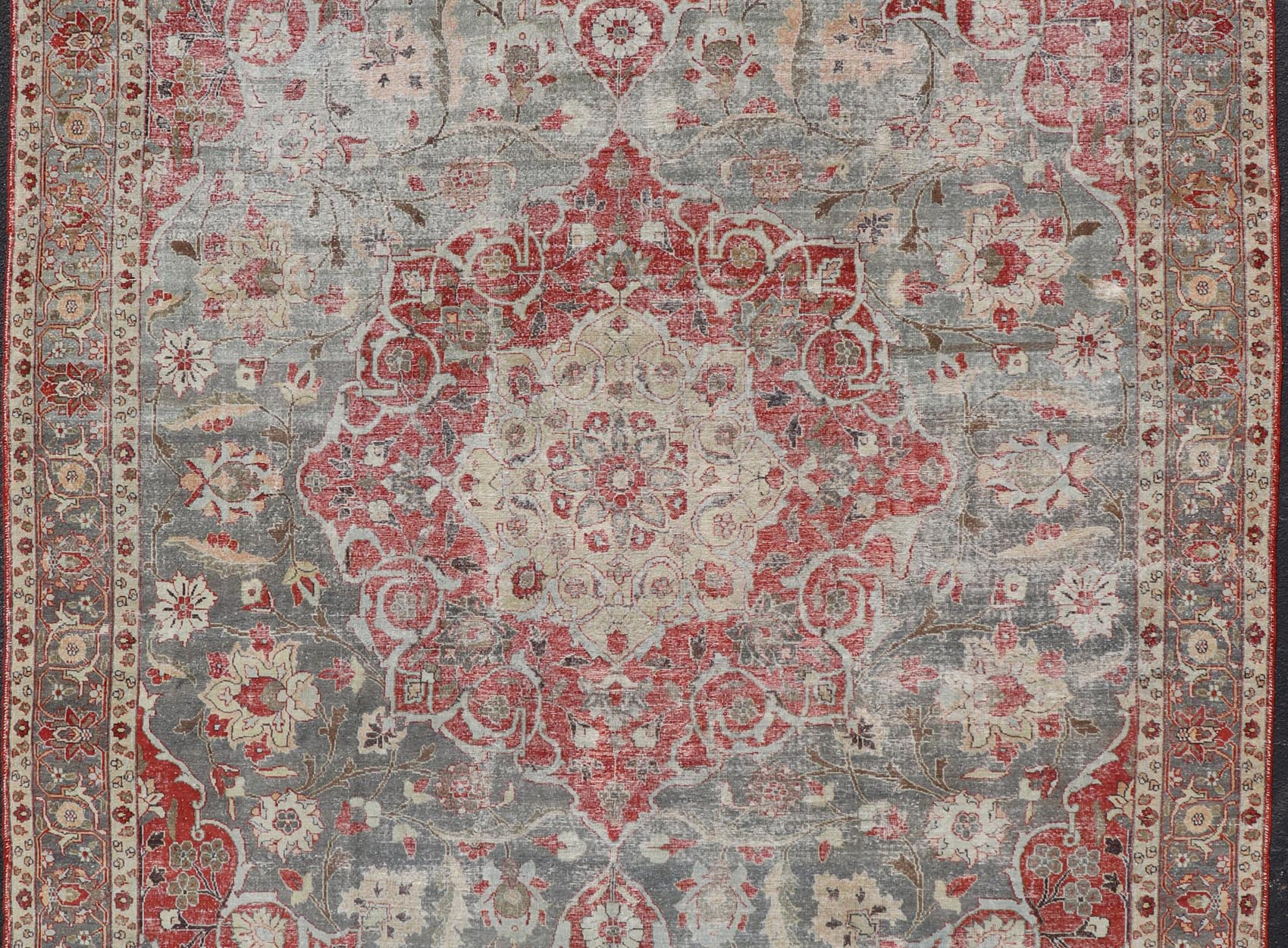 Antique Persian Tabriz Rug with Floral Medallion Design in Tan, Red, and Lt Blue. Keivan Woven Arts / rug V21 - 1216 - 15485, country of origin / type: Iran / Tabriz, circa 1910 Floral Medallion Design in Tan, Red, and Blue. Measures: 10'9 x 13'11 ... - Keivan Woven ArtsV21 - 1216 - 15485 - 18511Rug