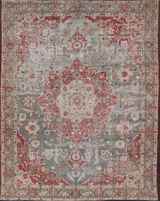 Antique Persian Tabriz Rug with Floral Medallion Design in Tan, Red, and Lt Blue. Keivan Woven Arts / rug V21 - 1216 - 15485, country of origin / type: Iran / Tabriz, circa 1910 Floral Medallion Design in Tan, Red, and Blue. Measures: 10'9 x 13'11 ... - Keivan Woven ArtsV21 - 1216 - 15485 - 18511