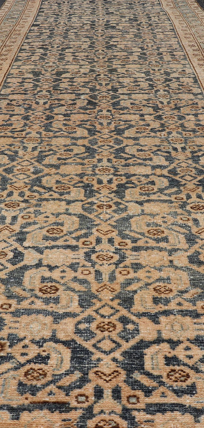 Antique Hamedan Gallery Runner with Herati Design in Dark Gray & Charcoal This vintage Hamedan was hand - knotted in Iran during the 1930's. The center field displays a Herati design, nicknamed the "fish" design in a creamy apricot color. Th... - Keivan Woven ArtsV21 - 211023 - 18523Rug
