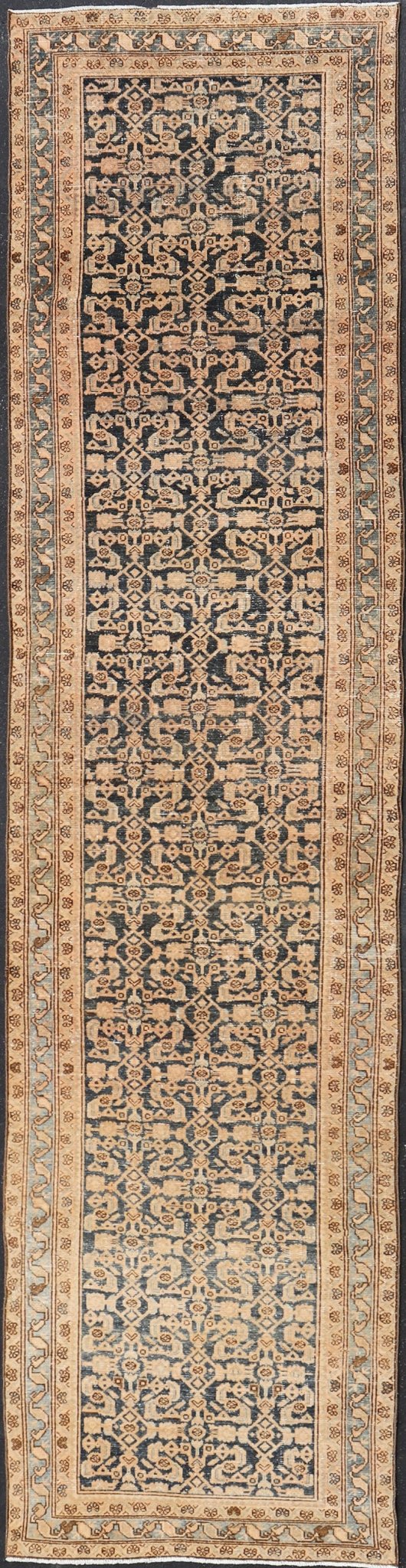 Antique Hamedan Gallery Runner with Herati Design in Dark Gray & Charcoal This vintage Hamedan was hand - knotted in Iran during the 1930's. The center field displays a Herati design, nicknamed the "fish" design in a creamy apricot color. Th... - Keivan Woven ArtsV21 - 211023 - 18523Rug
