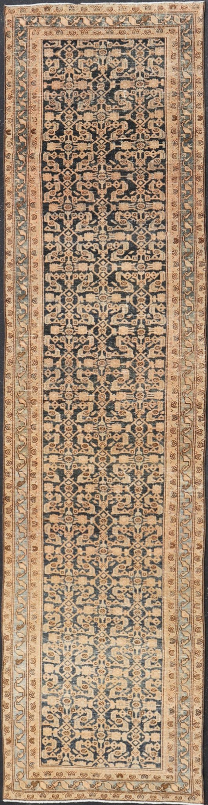 Antique Hamedan Gallery Runner with Herati Design in Dark Gray & Charcoal This vintage Hamedan was hand - knotted in Iran during the 1930's. The center field displays a Herati design, nicknamed the "fish" design in a creamy apricot color. Th... - Keivan Woven ArtsV21 - 211023 - 18523Rug