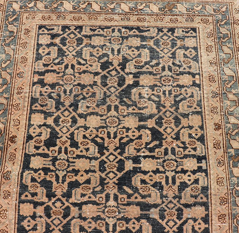 Antique Hamedan Gallery Runner with Herati Design in Dark Gray & Charcoal This vintage Hamedan was hand - knotted in Iran during the 1930's. The center field displays a Herati design, nicknamed the "fish" design in a creamy apricot color. Th... - Keivan Woven ArtsV21 - 211023 - 18523Rug