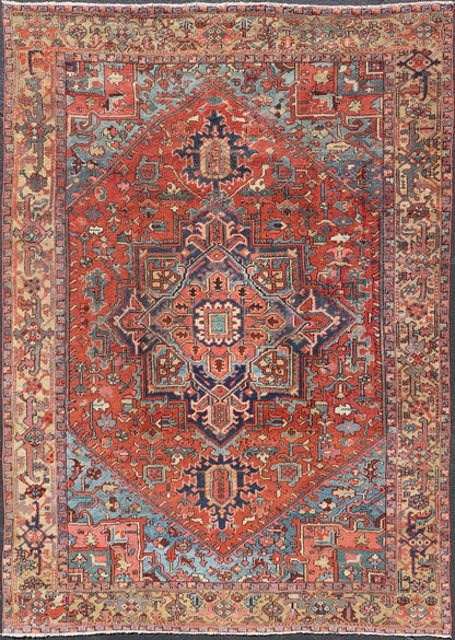 Antique Persian Heriz - Serapi Rug with Geometric Medallion Design in Jewel Tones. Hand Knotted Antique Persian Serapi - Heriz Rug, Keivan Woven Arts / rug V21 - 211026, country of origin / type: Persian / Serapi Heriz, circa Early - 20th Century. ... - Keivan Woven ArtsV21 - 211026 - 19268