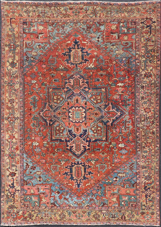 Antique Persian Heriz - Serapi Rug with Geometric Medallion Design in Jewel Tones. Hand Knotted Antique Persian Serapi - Heriz Rug, Keivan Woven Arts / rug V21 - 211026, country of origin / type: Persian / Serapi Heriz, circa Early - 20th Century. ... - Keivan Woven ArtsV21 - 211026 - 19268