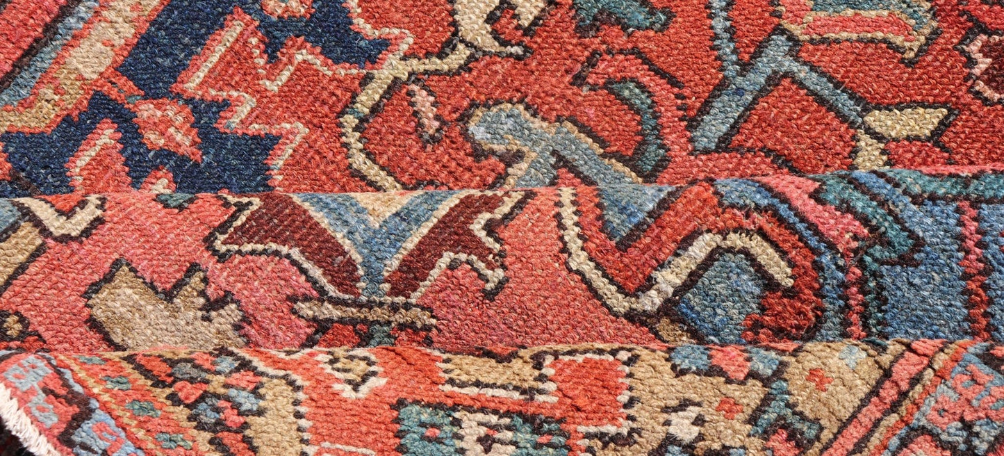 Antique Persian Heriz - Serapi Rug with Geometric Medallion Design in Jewel Tones. Hand Knotted Antique Persian Serapi - Heriz Rug, Keivan Woven Arts / rug V21 - 211026, country of origin / type: Persian / Serapi Heriz, circa Early - 20th Century. ... - Keivan Woven ArtsV21 - 211026 - 19268Rug