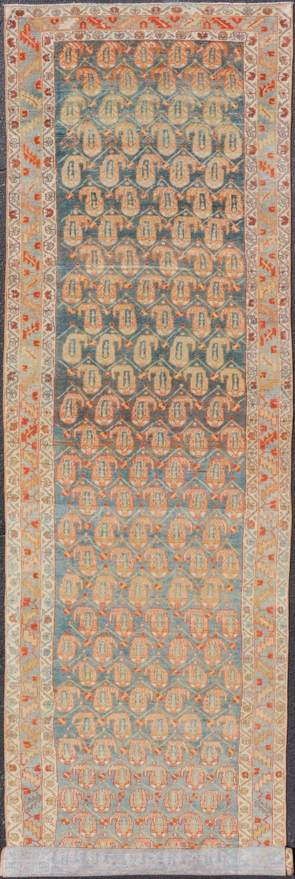 Long Antique Hand - Knotted Persian Malayer Runner in Wool with All - Over Design This long antique Persian Malayer runner has been hand - knotted in wool and features an all - over sub - geometric design rendered in multicolor. A complementary, multi - ti... - Keivan Woven ArtsVAS - 10 - 18138Rug
