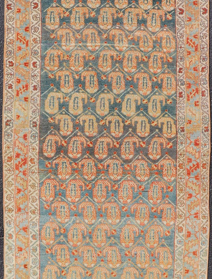 Long Antique Hand - Knotted Persian Malayer Runner in Wool with All - Over Design This long antique Persian Malayer runner has been hand - knotted in wool and features an all - over sub - geometric design rendered in multicolor. A complementary, multi - ti... - Keivan Woven ArtsVAS - 10 - 18138Rug
