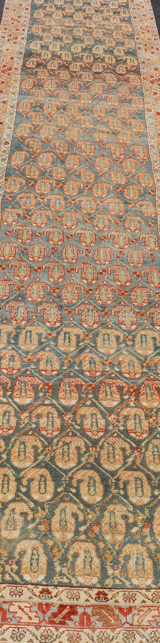 Long Antique Hand - Knotted Persian Malayer Runner in Wool with All - Over Design This long antique Persian Malayer runner has been hand - knotted in wool and features an all - over sub - geometric design rendered in multicolor. A complementary, multi - ti... - Keivan Woven ArtsVAS - 10 - 18138Rug