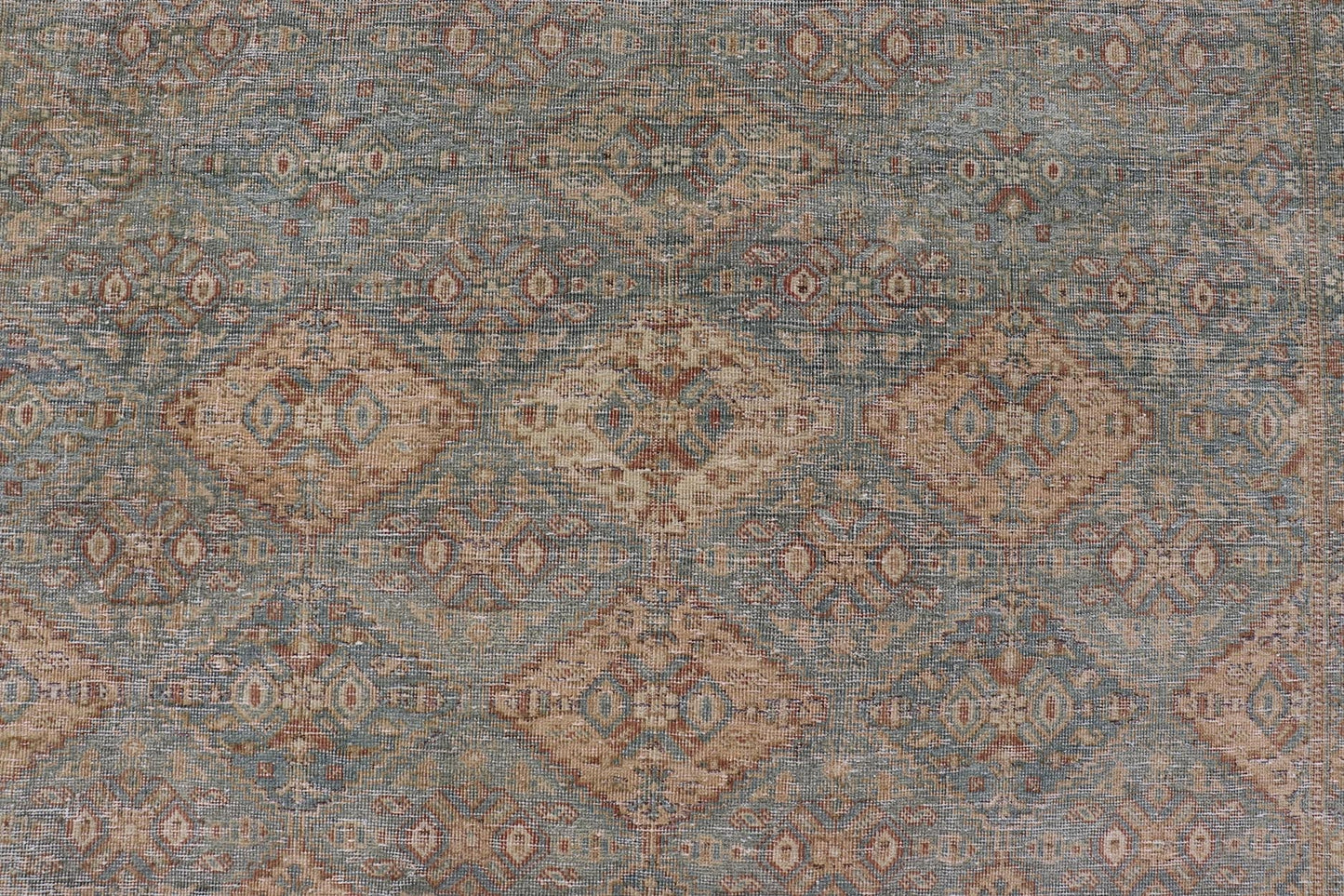 Antique Persian Tabriz Rug in Wool with Diamond Design in Blue, Apricot & Gray Squared shape Antique Persian Tabriz Rug in Wool with repeating Diamond Design in Blue, Apricot, butter & Gray. Keivan Woven Arts / rug VAS - 189102, country of origi... - Keivan Woven ArtsVAS - 189102 - 23648Rug