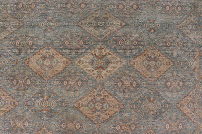 Antique Persian Tabriz Rug in Wool with Diamond Design in Blue, Apricot & Gray Squared shape Antique Persian Tabriz Rug in Wool with repeating Diamond Design in Blue, Apricot, butter & Gray. Keivan Woven Arts / rug VAS - 189102, country of origi... - Keivan Woven ArtsVAS - 189102 - 23648Rug