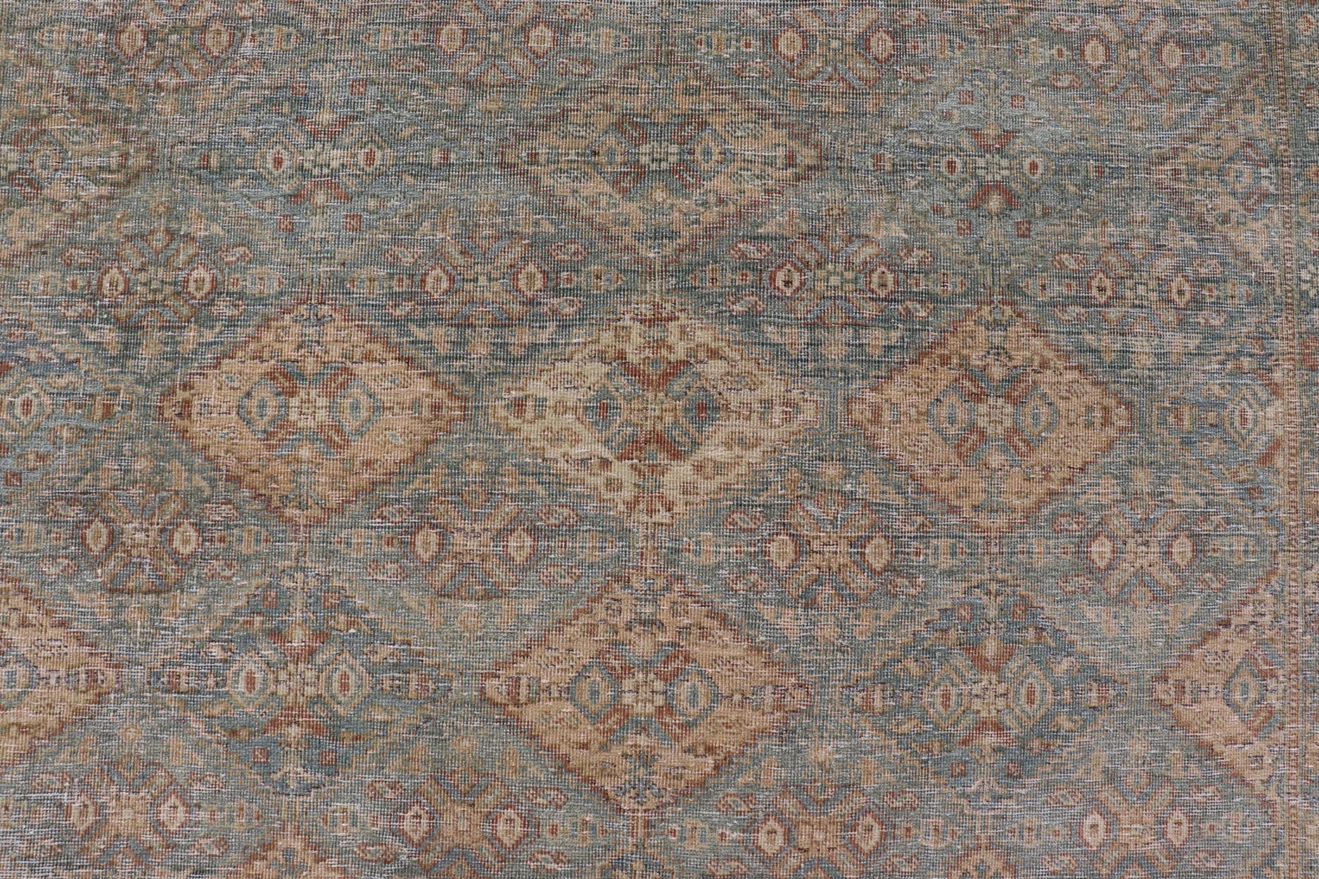 Antique Persian Tabriz Rug in Wool with Diamond Design in Blue, Apricot & Gray Squared shape Antique Persian Tabriz Rug in Wool with repeating Diamond Design in Blue, Apricot, butter & Gray. Keivan Woven Arts / rug VAS - 189102, country of origi... - Keivan Woven ArtsVAS - 189102 - 23648