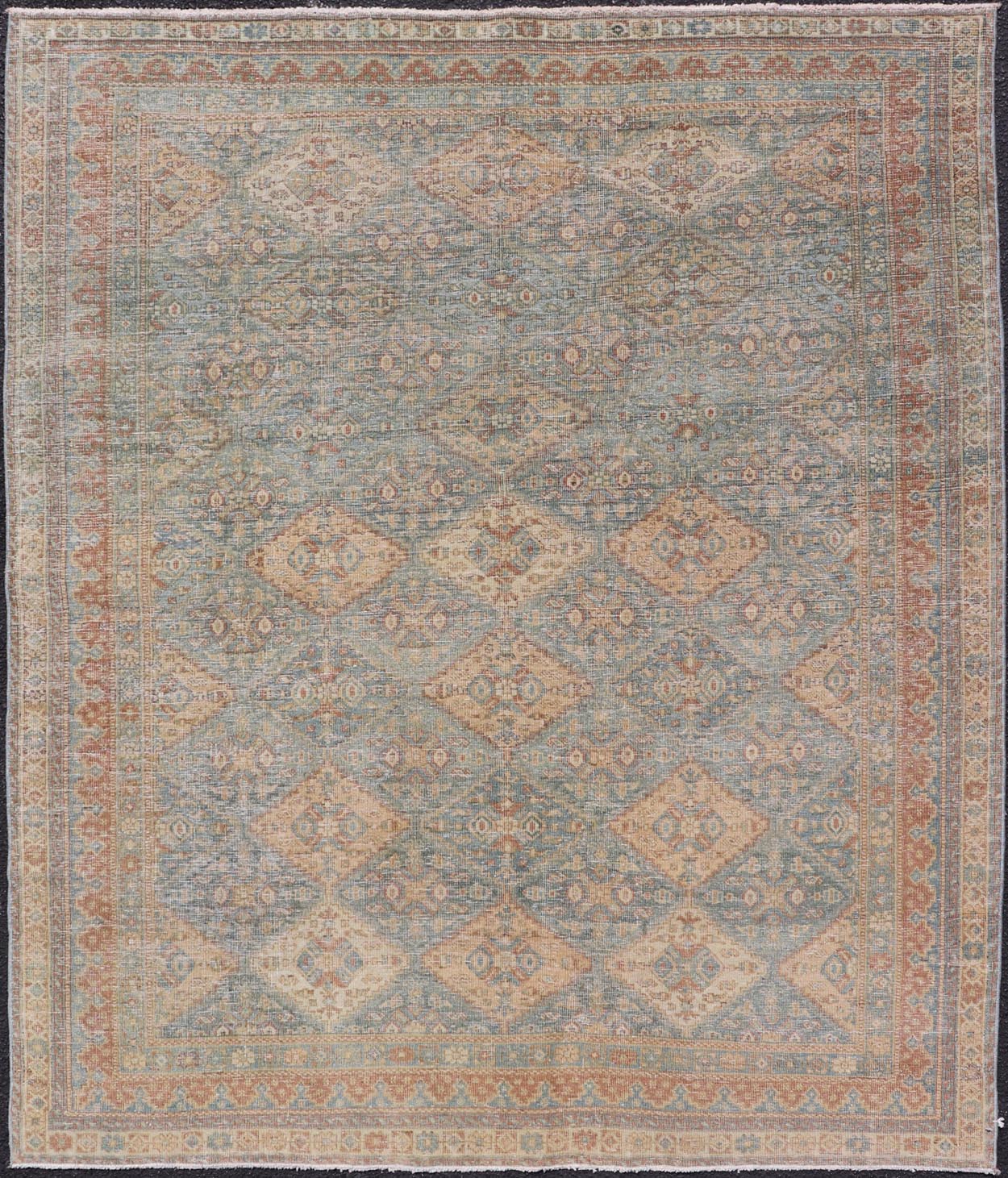 Antique Persian Tabriz Rug in Wool with Diamond Design in Blue, Apricot & Gray Squared shape Antique Persian Tabriz Rug in Wool with repeating Diamond Design in Blue, Apricot, butter & Gray. Keivan Woven Arts / rug VAS - 189102, country of origi... - Keivan Woven ArtsVAS - 189102 - 23648