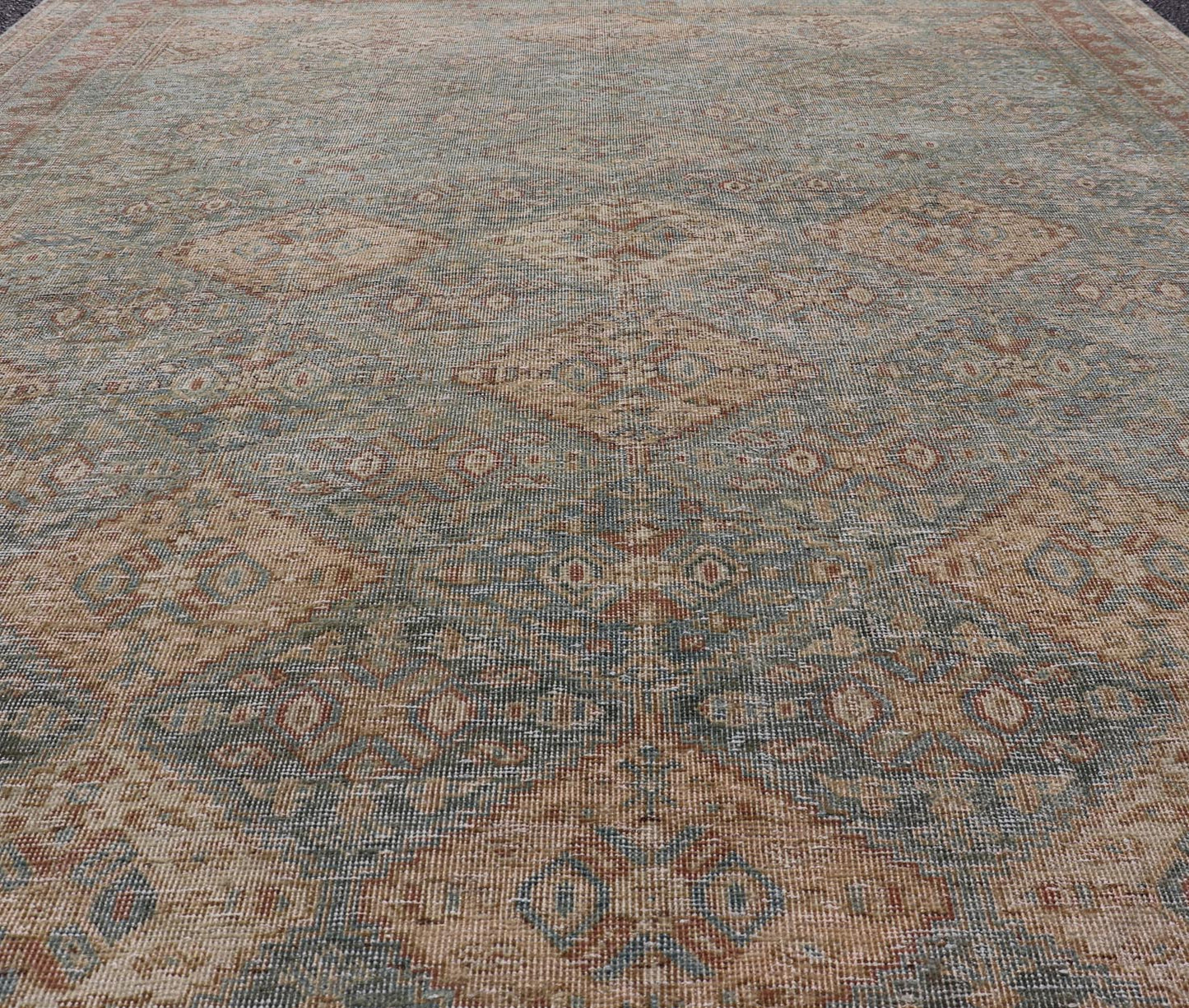 Antique Persian Tabriz Rug in Wool with Diamond Design in Blue, Apricot & Gray Squared shape Antique Persian Tabriz Rug in Wool with repeating Diamond Design in Blue, Apricot, butter & Gray. Keivan Woven Arts / rug VAS - 189102, country of origi... - Keivan Woven ArtsVAS - 189102 - 23648