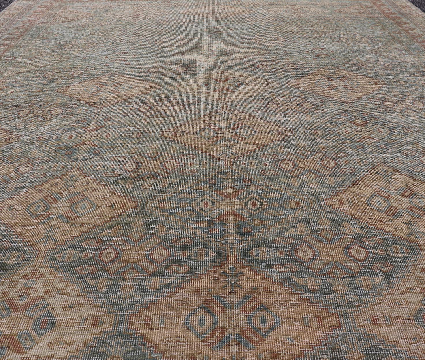 Antique Persian Tabriz Rug in Wool with Diamond Design in Blue, Apricot & Gray Squared shape Antique Persian Tabriz Rug in Wool with repeating Diamond Design in Blue, Apricot, butter & Gray. Keivan Woven Arts / rug VAS - 189102, country of origi... - Keivan Woven ArtsVAS - 189102 - 23648Rug
